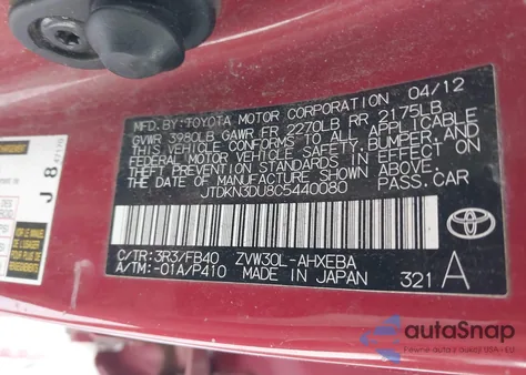 2012 Toyota Prius Two from USA, damaged, VIN JTDKN3DU8C5440080